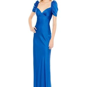 NWT - Mac Duggal Puff Sleeve Long Gown Navy Blue, Size 4